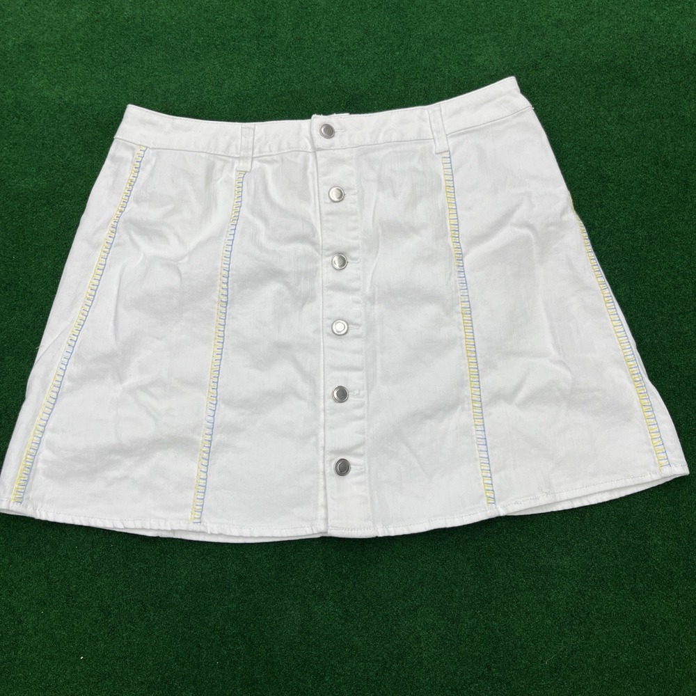 Faded Glory Womens White Jean Skirt Button Down Hand Embroidered Size 16